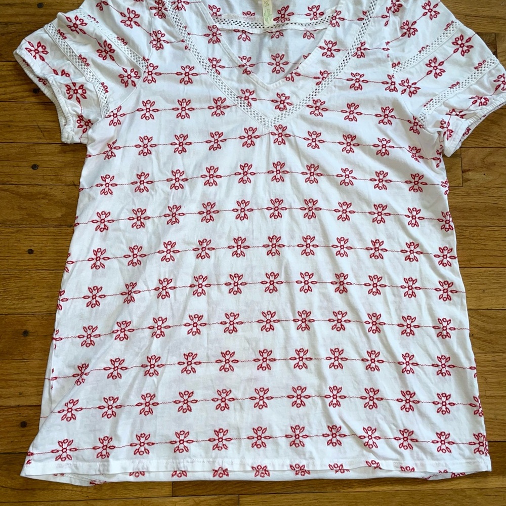 Matilda Jane White V-Neck Tee with Red Floral Embroidery
